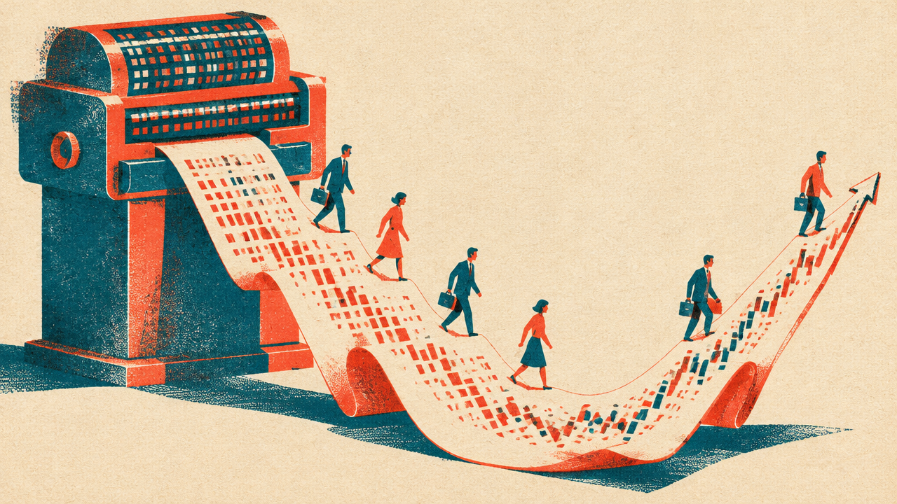 Risograph-style illustration in coral and teal of a ticker machine printing a paper tape that dips and climbs again, with workers walking along it