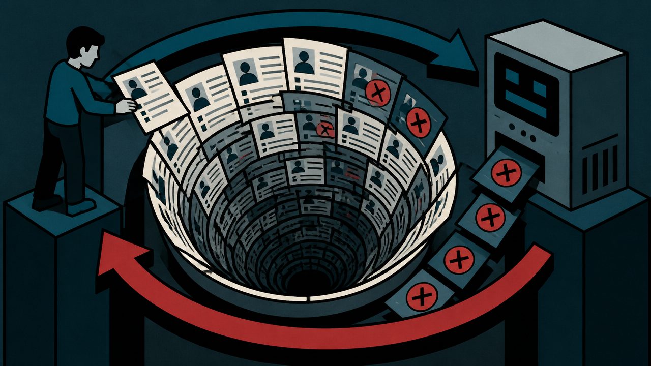 A dark spiral of résumés and rejection notices circling between a job seeker and an automated hiring system, illustrating the AI hiring doom loop