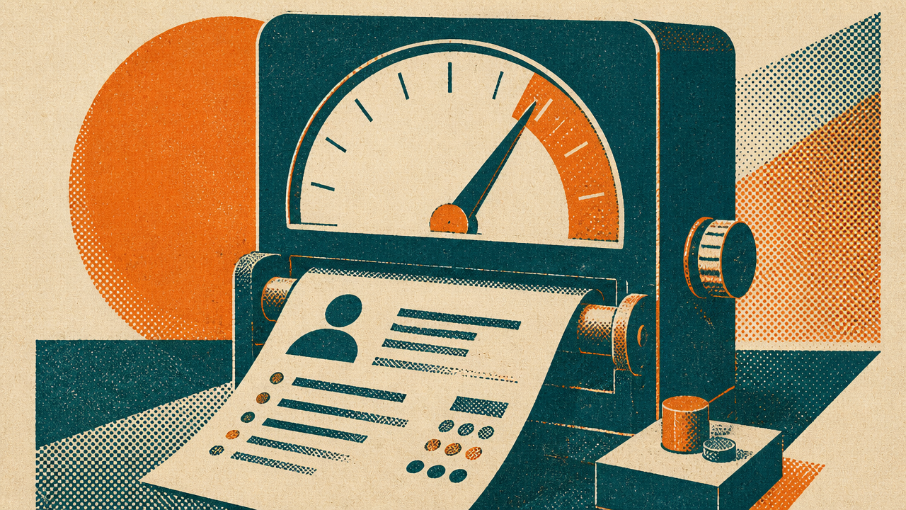 Two-color risograph print of a resume feeding through an analog gauge machine with the needle pointing at a score