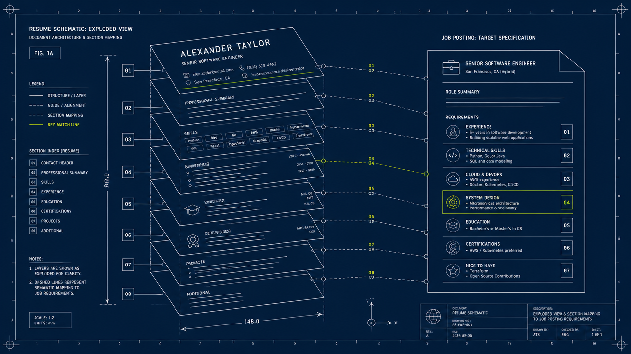 Blueprint-style technical schematic showing a resume exploded into labeled layers, with dashed mapping lines connecting each section to the matching requirement on a job posting