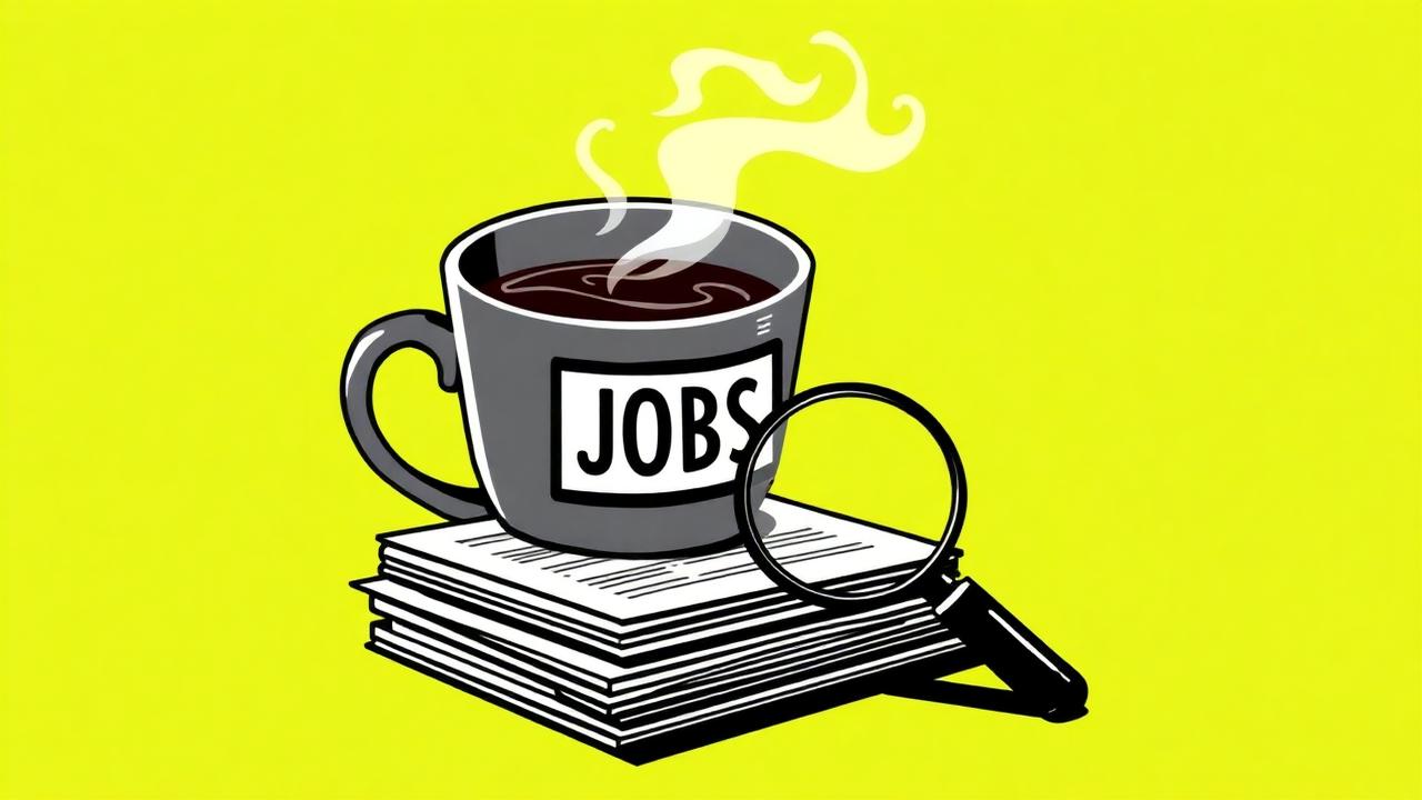 Illustration of a coffee cup labeled JOBS sitting on a stack of job listings