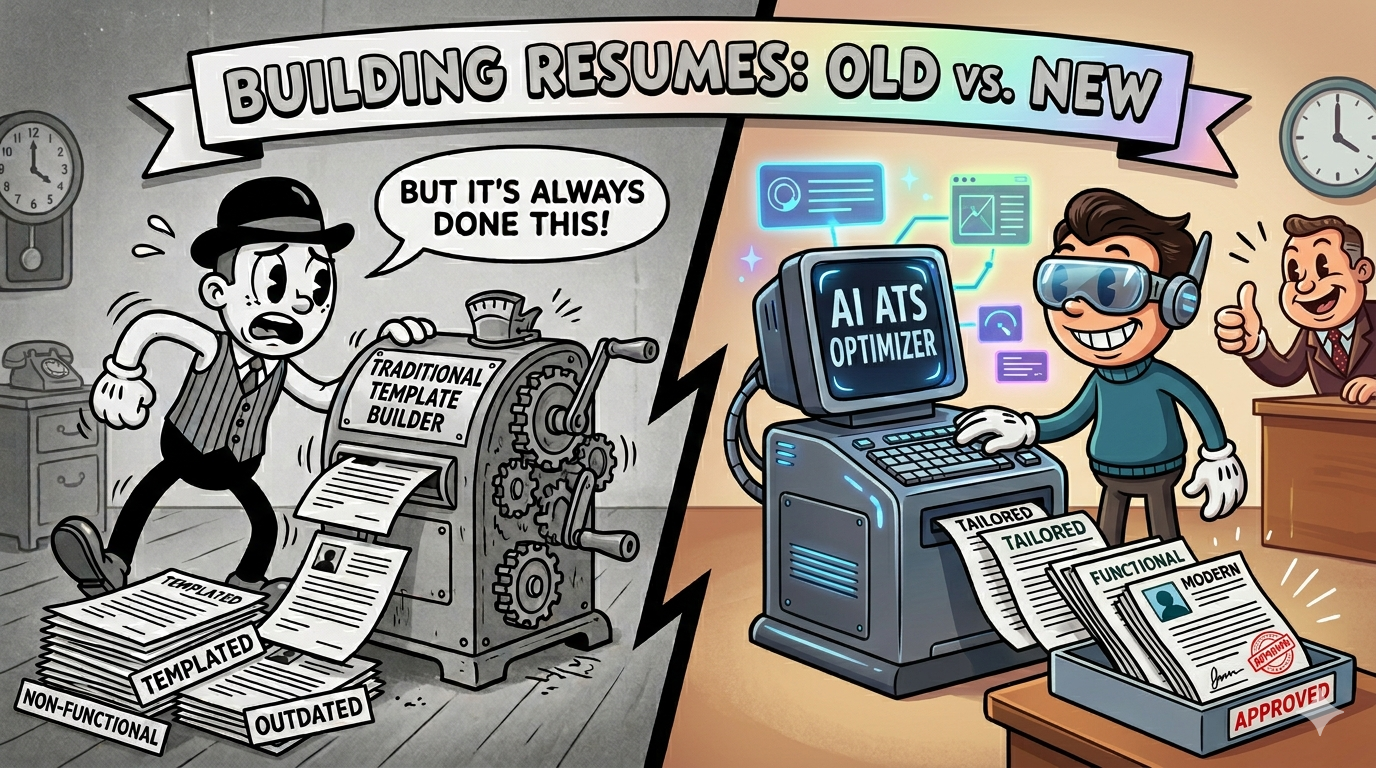 Side-by-side comparison of a traditional resume builder template and ResumeAgent's tailored output