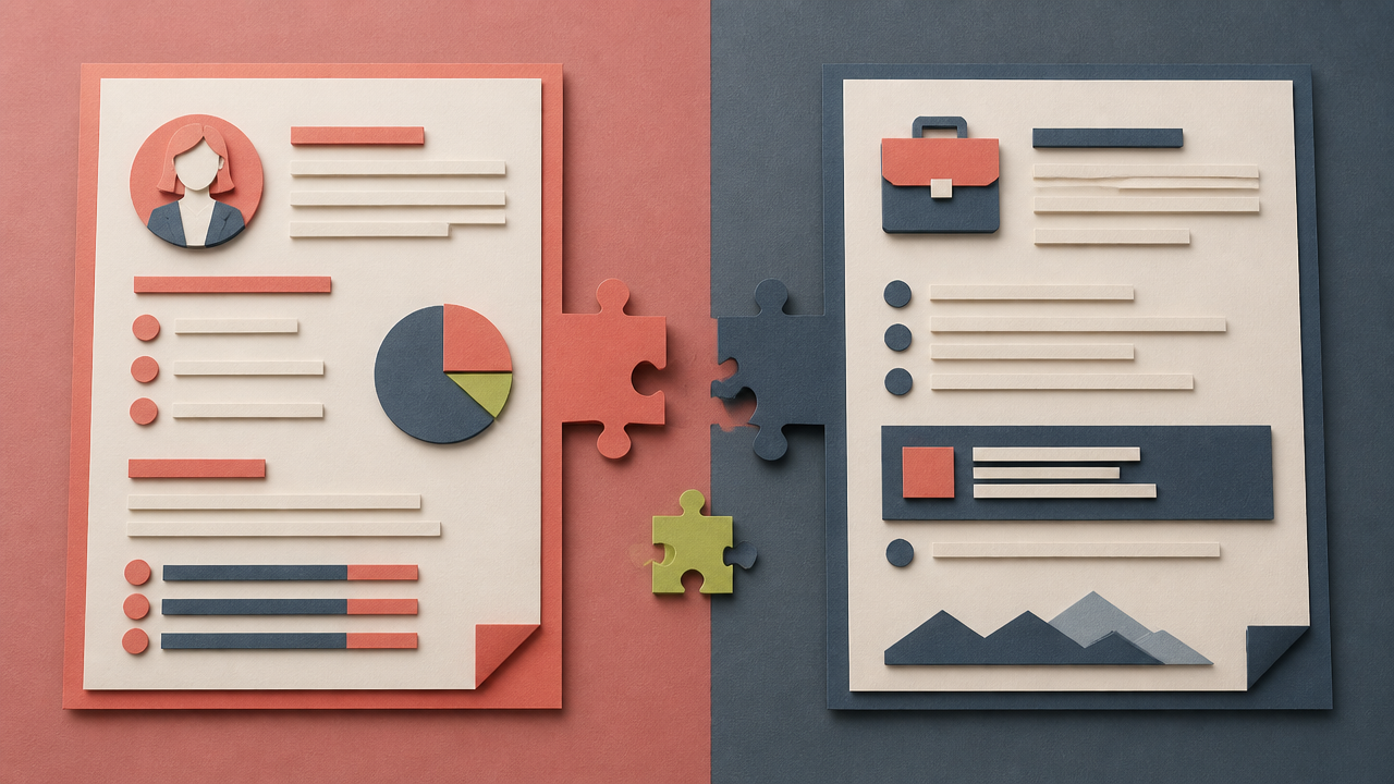 Paper-craft diorama of a resume and a job posting connected by puzzle pieces that don't fit, with a gap between them