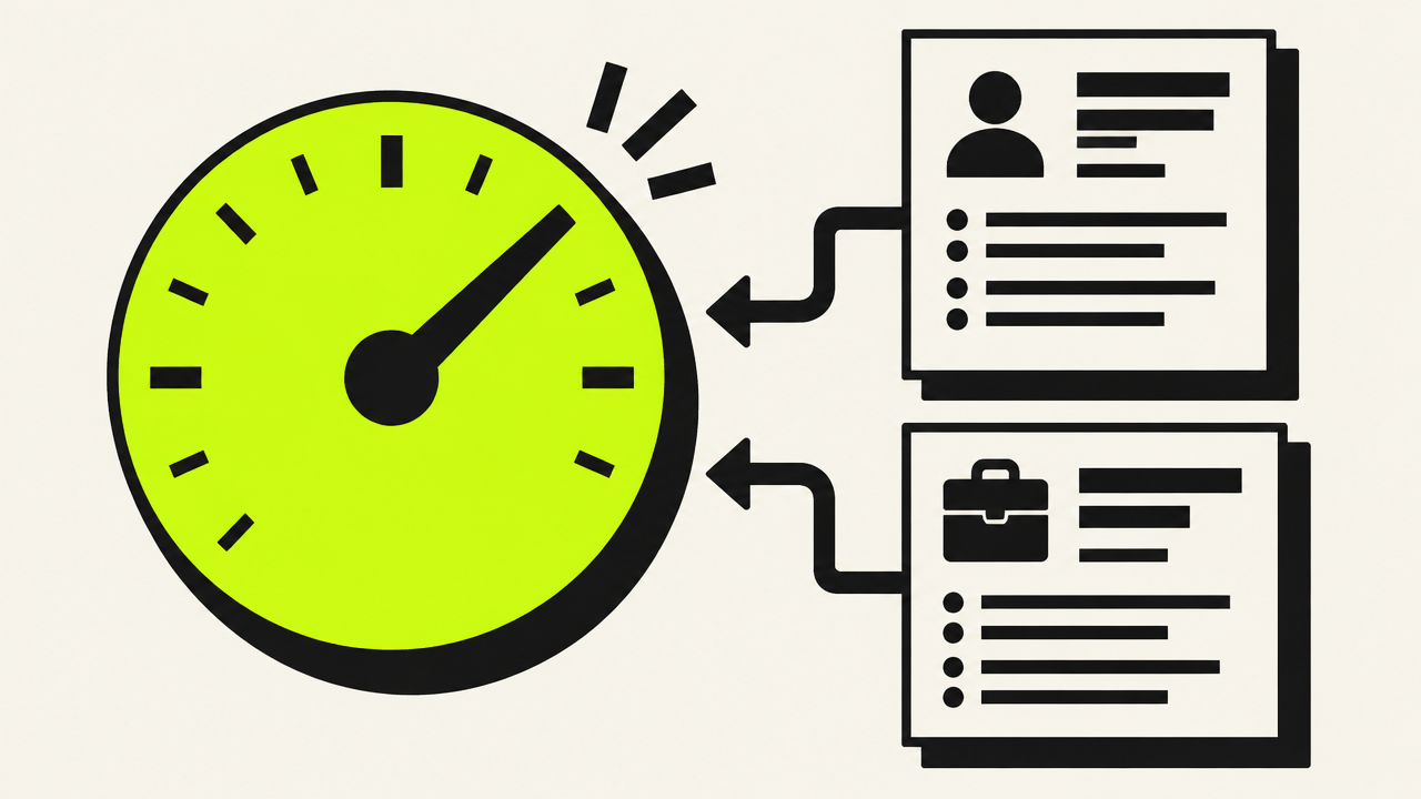 Bold black and electric lime illustration of a circular score gauge linked by arrows to a resume and a job posting