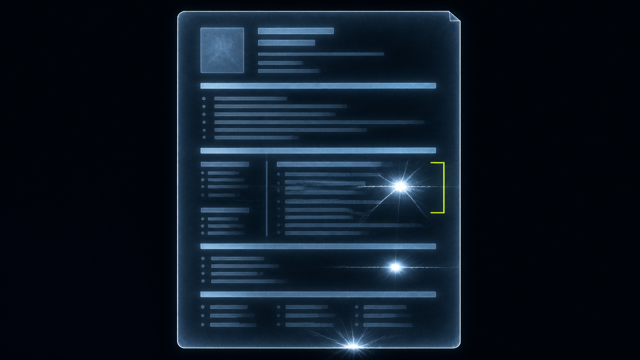 X-ray radiograph of a resume on a light-box, with bright stress-fracture areas marking the sections that fail screening